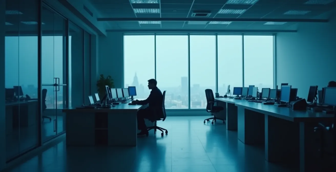 Vue large d'un centre de contrôle de sécurité moderne avec espace épuré