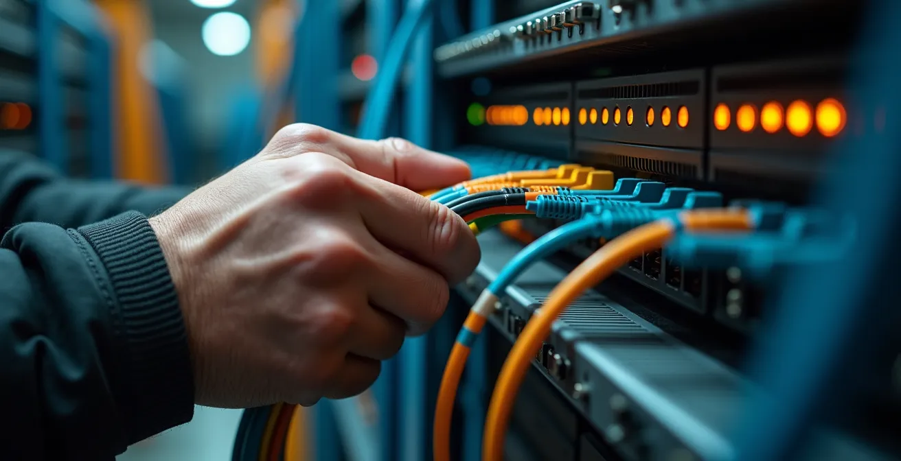 Gros plan sur les mains d'un technicien manipulant des câbles de connexion réseau