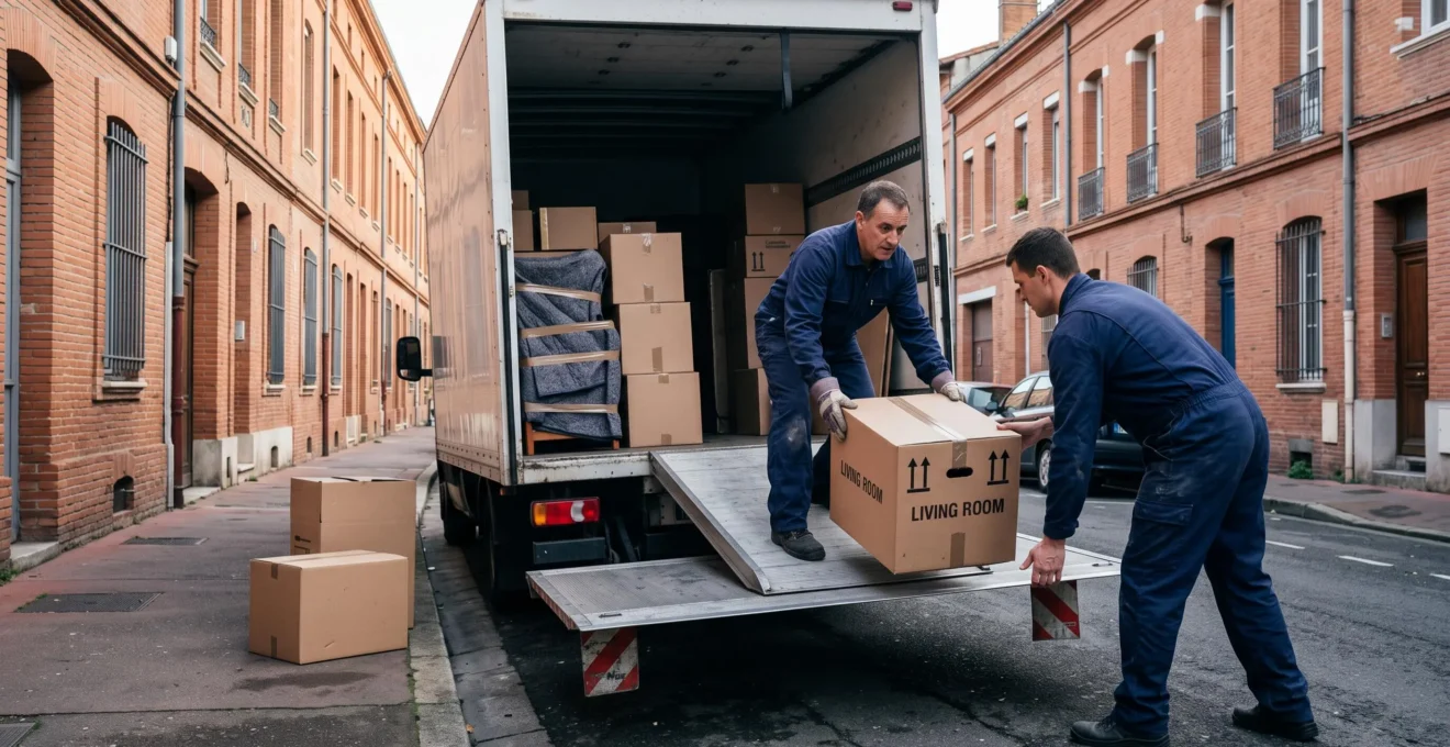 Deux déménageurs chargent des cartons dans un camion devant une maison toulousaine.